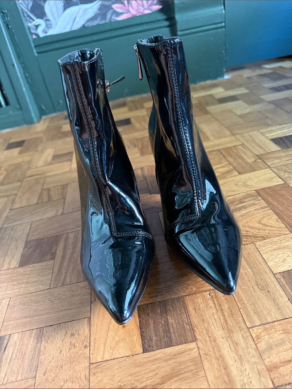 Cape Robbin Black Patent Pointed Toe Ankle Booties with Front Zip